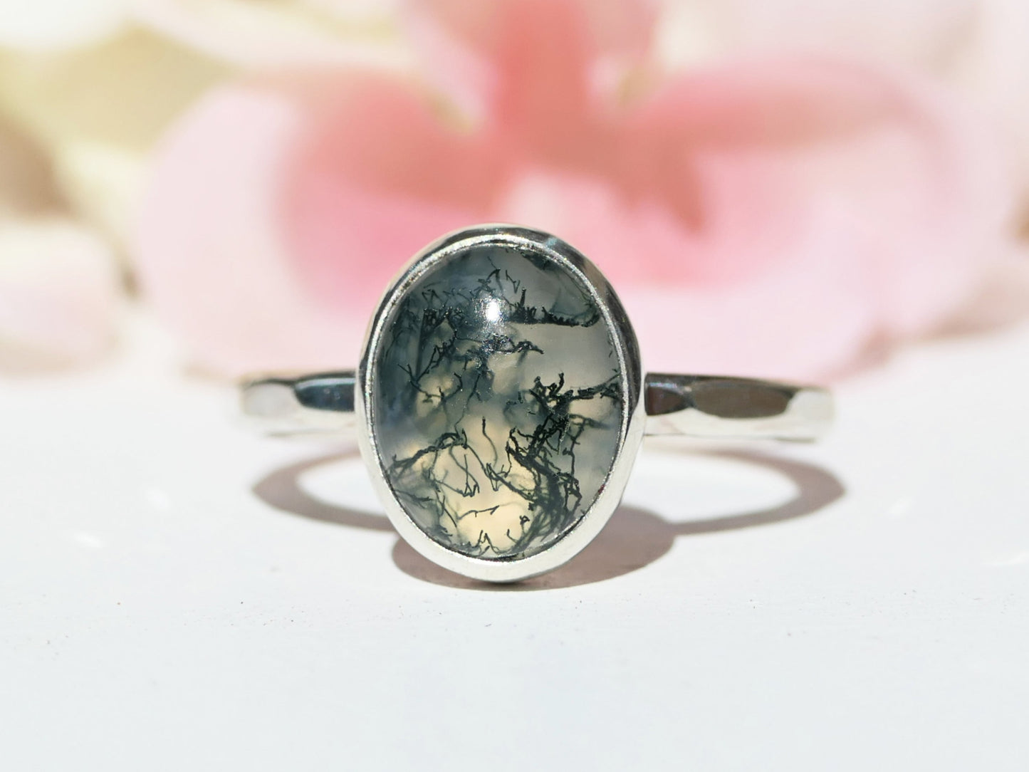 hammered moss agate ring, modern engagement ring