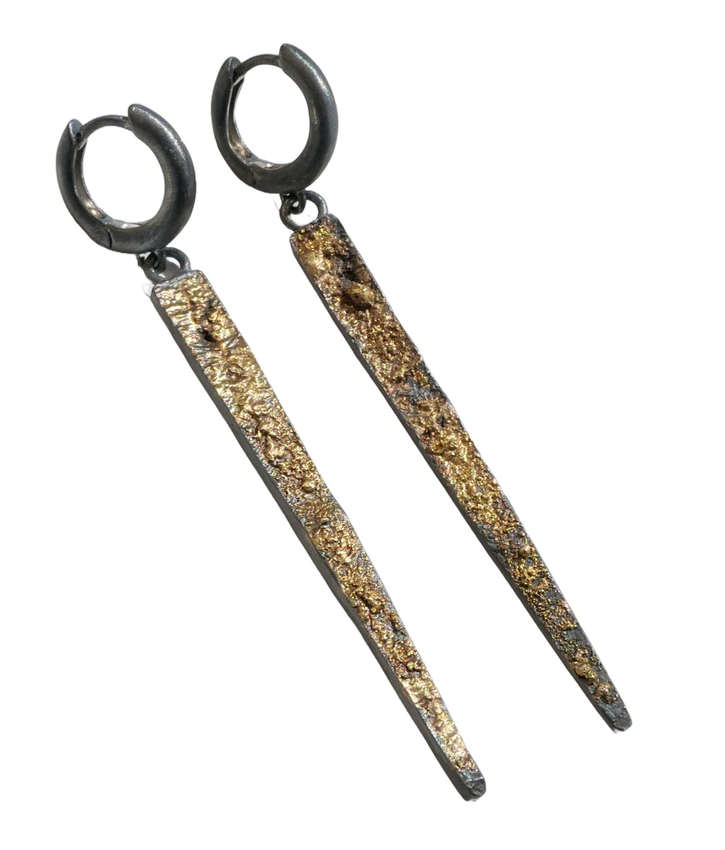 Long spike gold-dusted sterling silver dangle earrings with black huggie hoops, 58mm length.