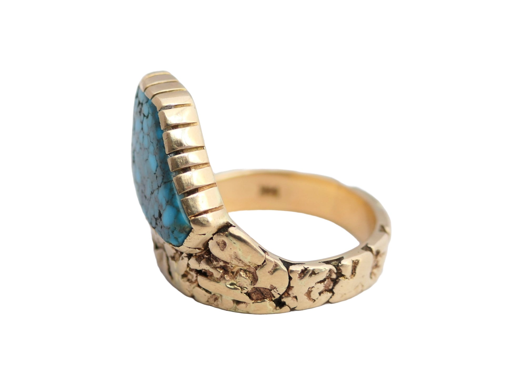 14k gold nugget ring with Morenci turquoise gemstone on textured band