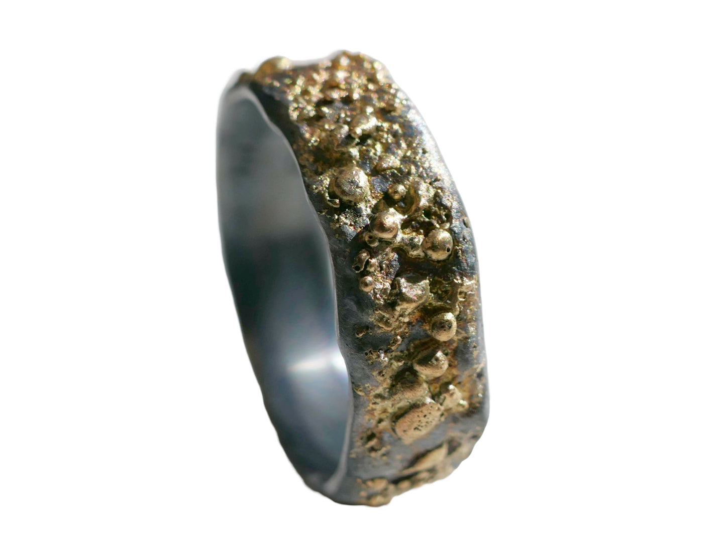 unique men's ring in black sterling silver with fused 14k gold