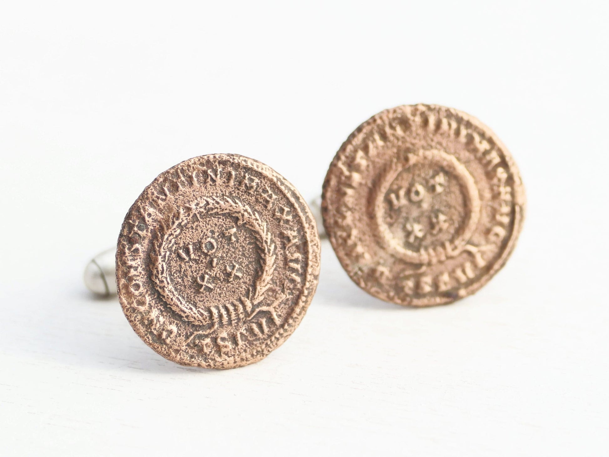 Pair of ancient Roman Empire coin cufflinks with bronze coins from Emperor Constantine I era mounted on sterling silver backs