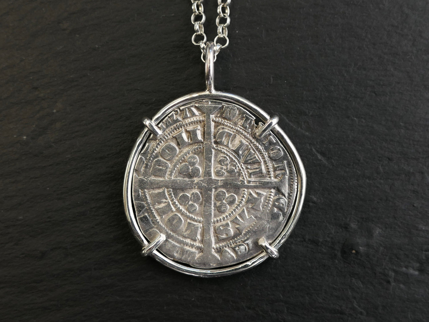 Authentic Edward III silver groat coin pendant in sterling silver setting.