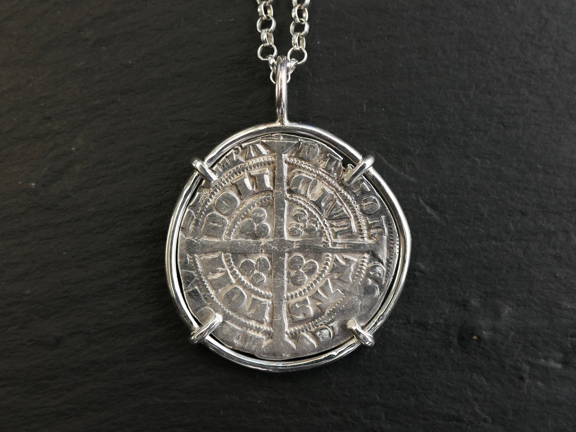 Authentic Edward III silver groat coin pendant in sterling silver setting.