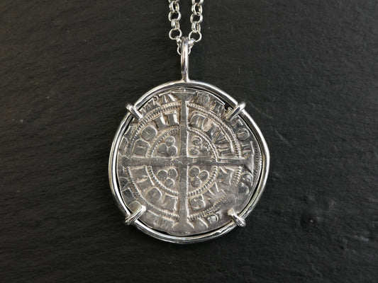 Authentic Edward III silver groat coin pendant in sterling silver setting.