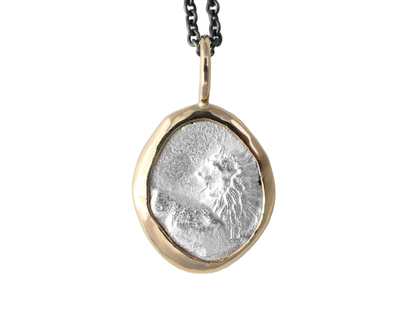 Ancient Greek silver coin pendant from Chersonesos in solid 14k yellow gold setting on black sterling silver chain.