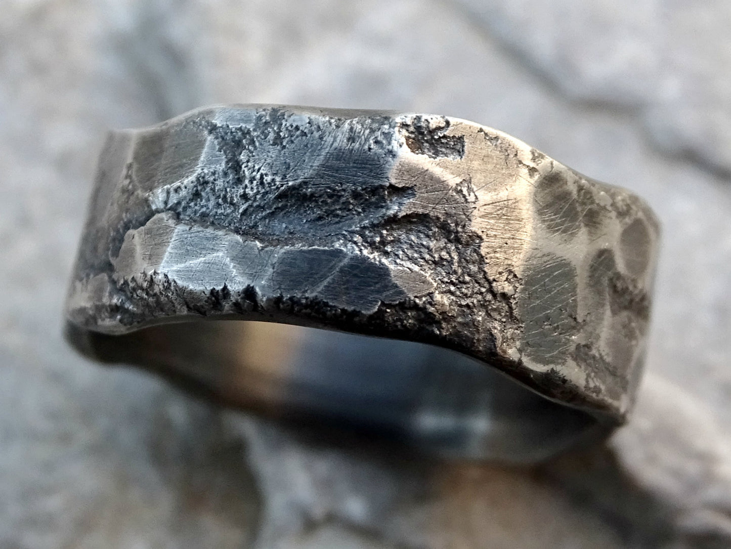 unique molten style oxidized sterling silver wedding ring with textured rustic design for men and women