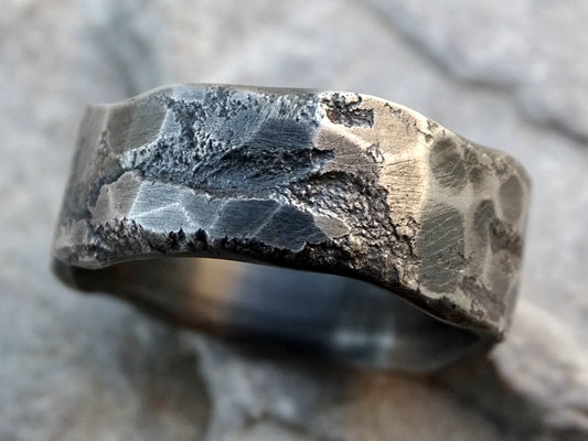 unique molten style oxidized sterling silver wedding ring with textured rustic design for men and women
