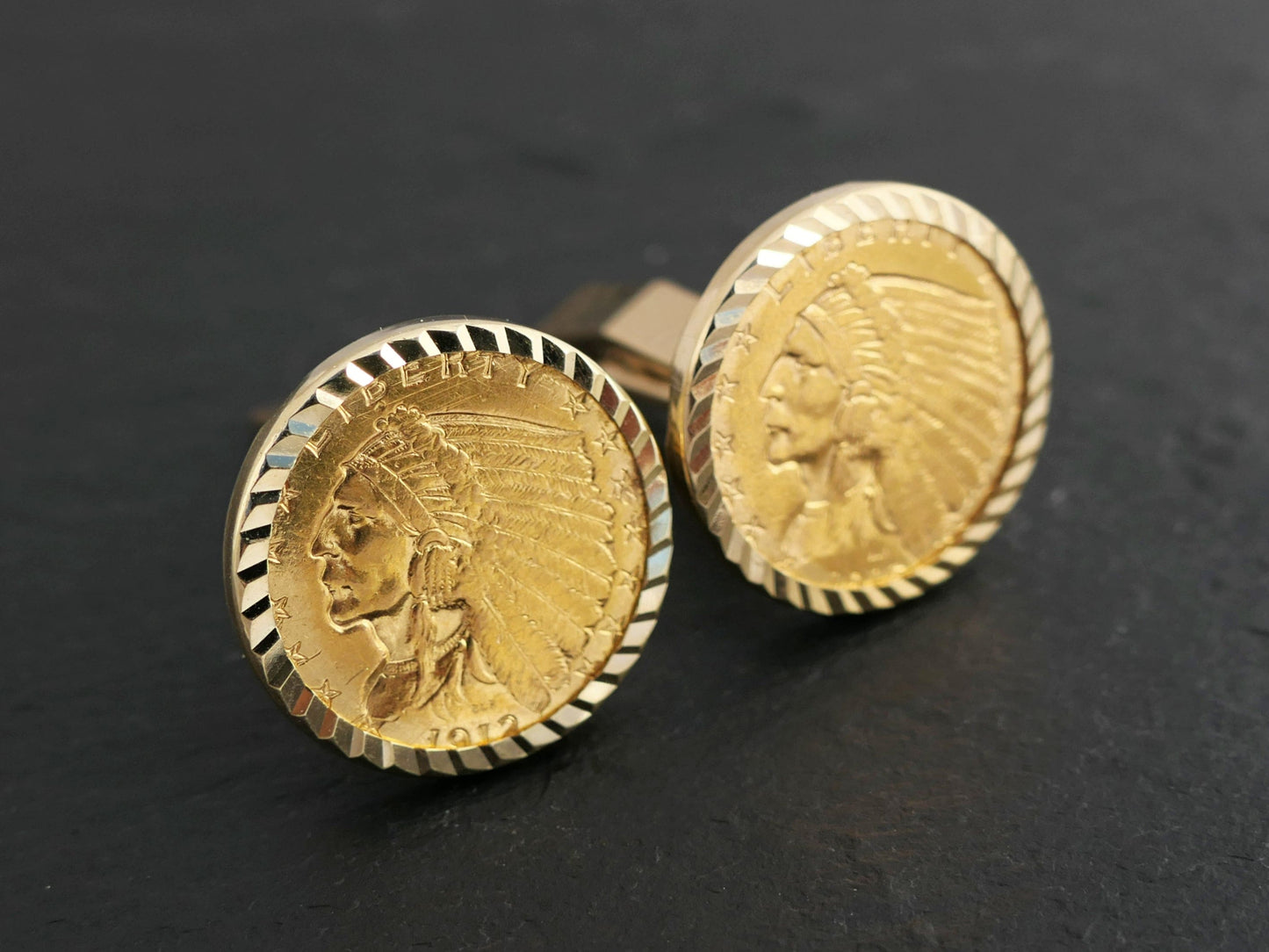 Luxurious 14k gold cufflinks with authentic Indian head gold coins.