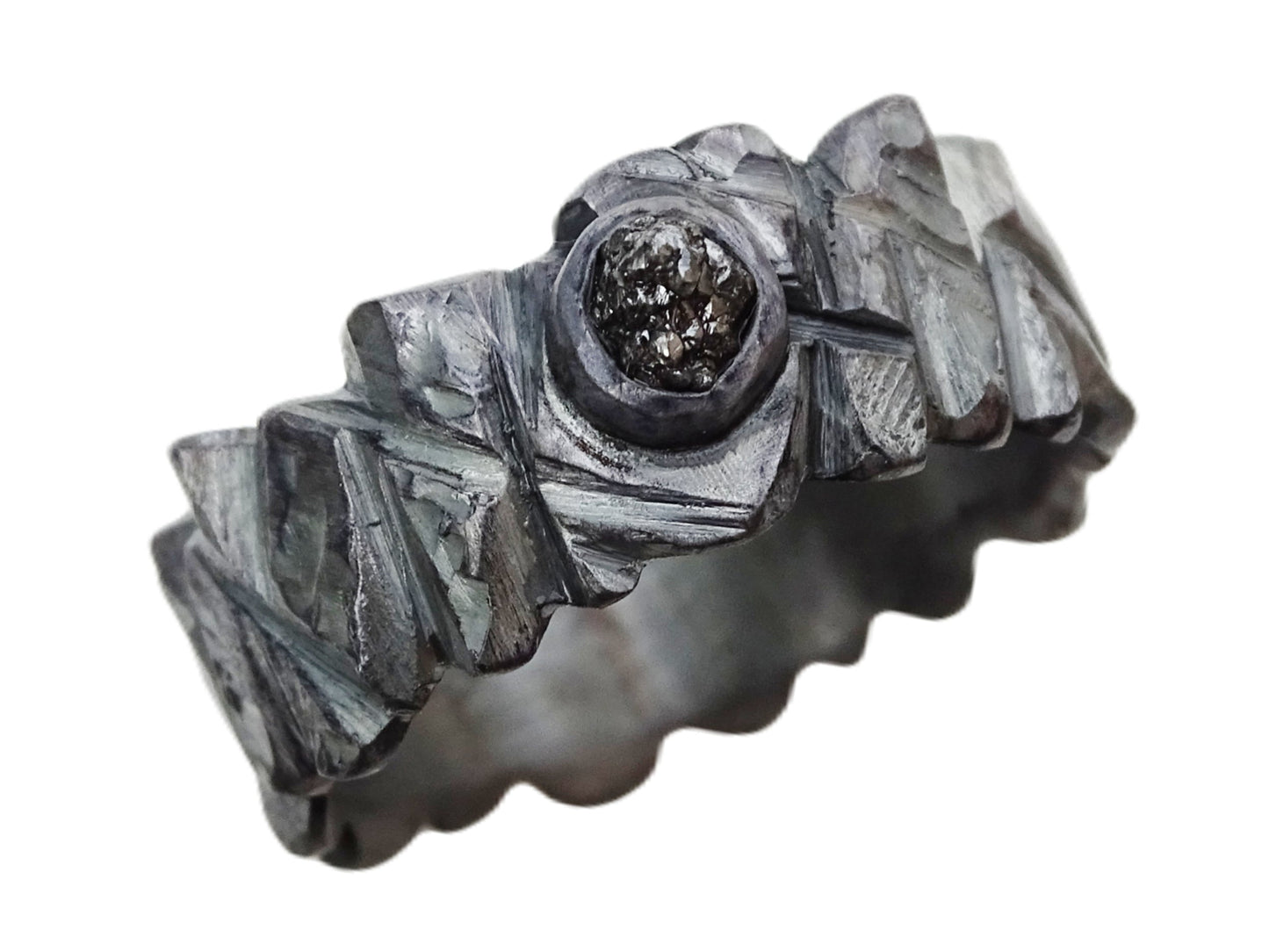 rustic men's engagement ring with raw black diamond set in hand-forged dark oxidized sterling silver band