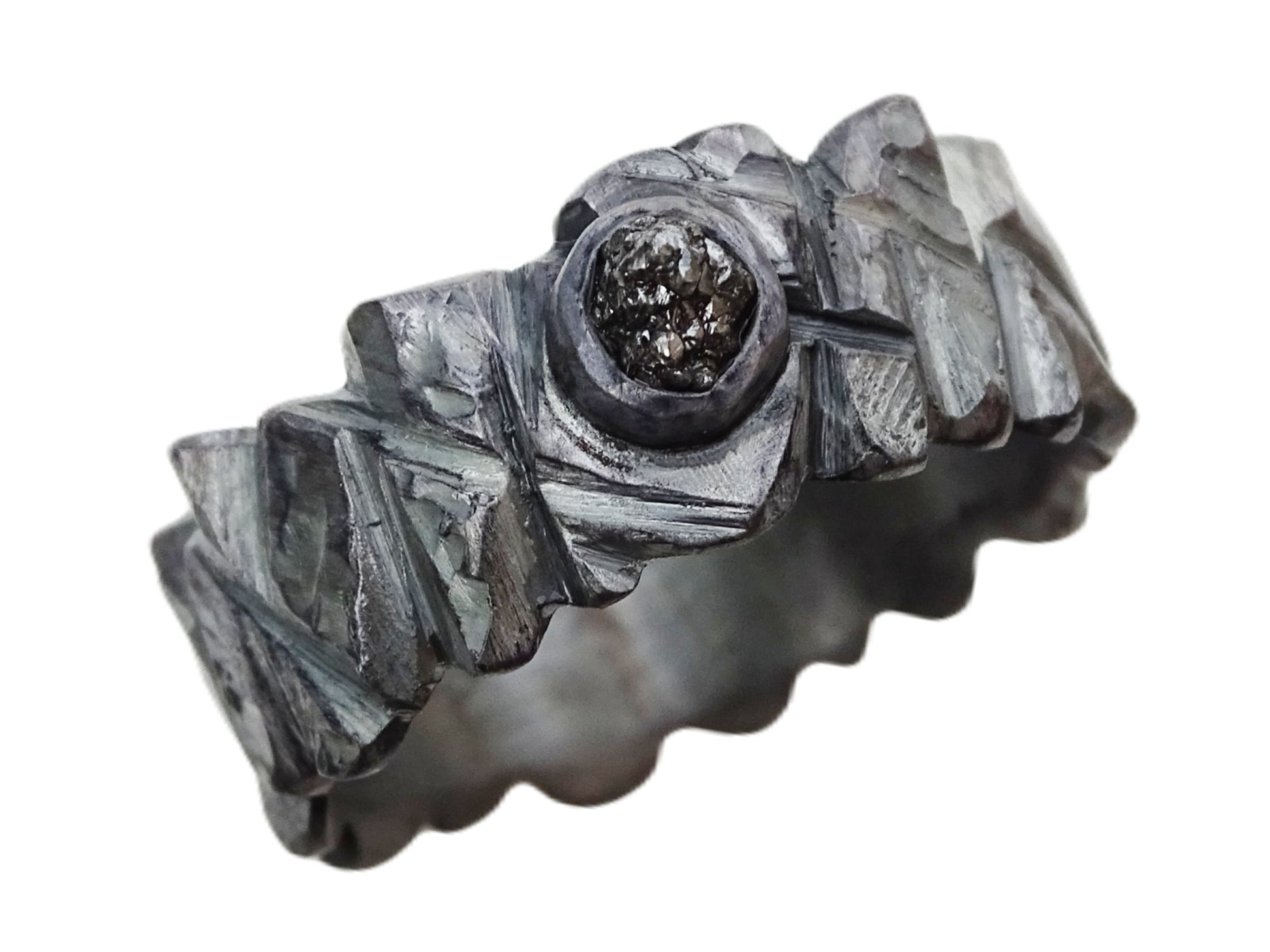 rustic men's engagement ring with raw black diamond set in hand-forged dark oxidized sterling silver band