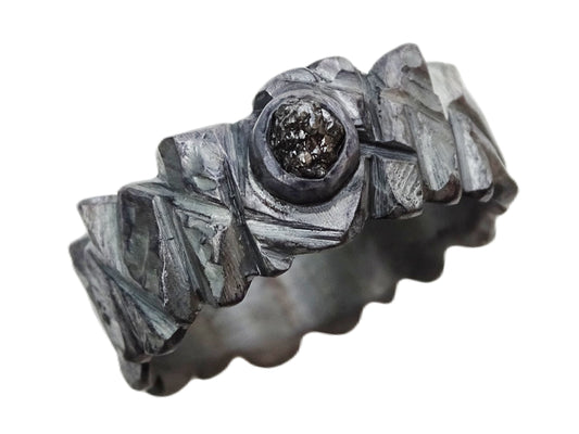 rustic men's engagement ring with raw black diamond set in hand-forged dark oxidized sterling silver band