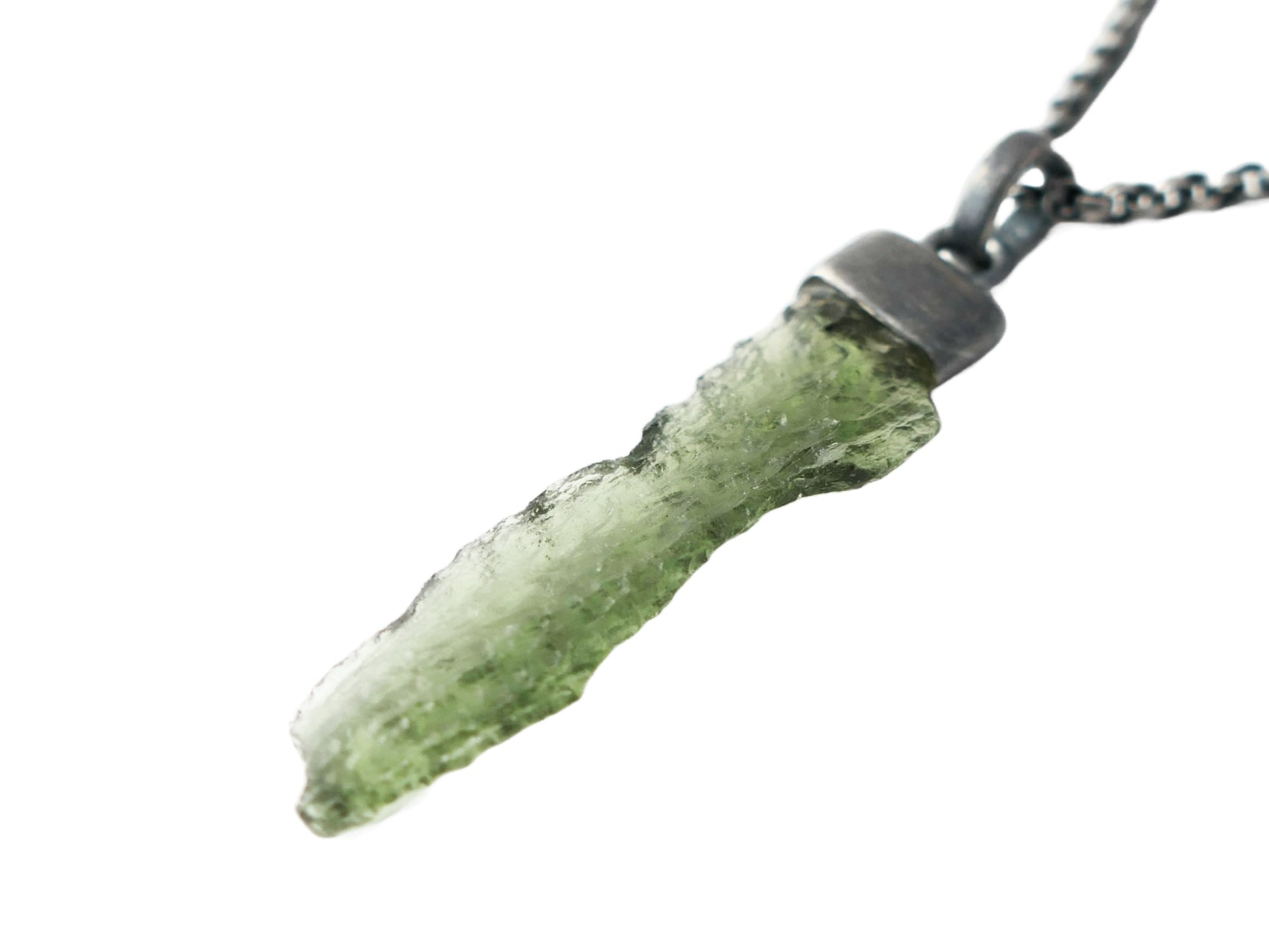 Raw green Moldavite gemstone pendant necklace with black sterling silver chain