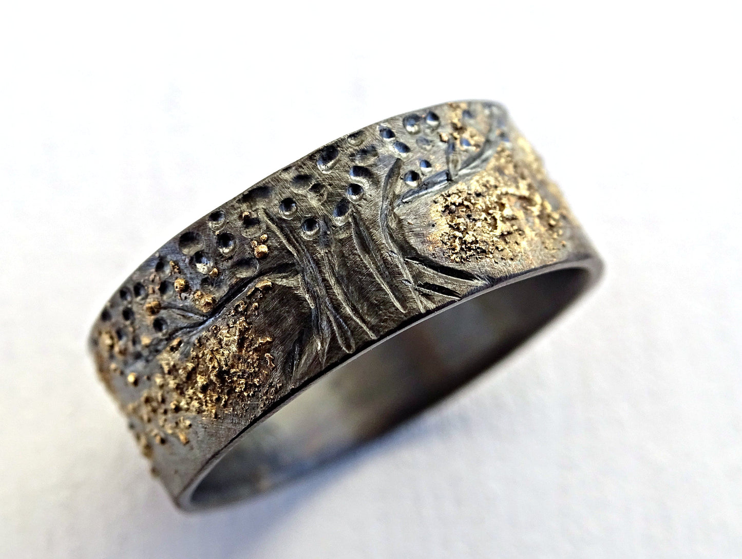 hand engraved tree of life ring in oxidized silver with 14k gold accents wide band handcrafted