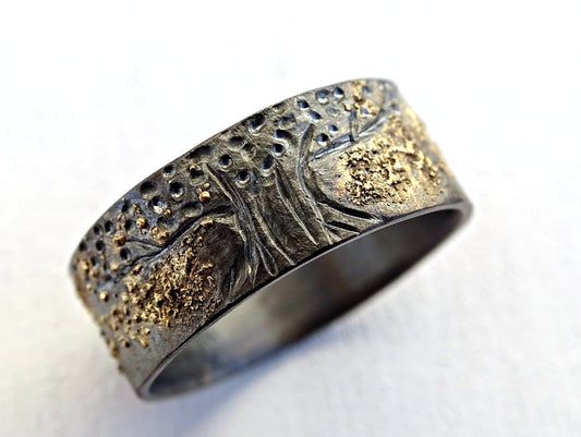 hand engraved tree of life ring in oxidized silver with 14k gold accents wide band handcrafted