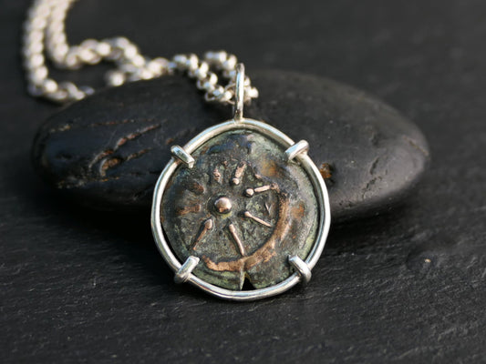 authentic widows mite charm pendant with ancient bronze coin in sterling silver setting