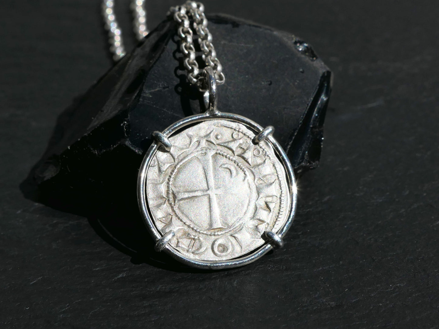 Authentic medieval Bohemond III of Antioch silver coin necklace, sterling silver setting.
