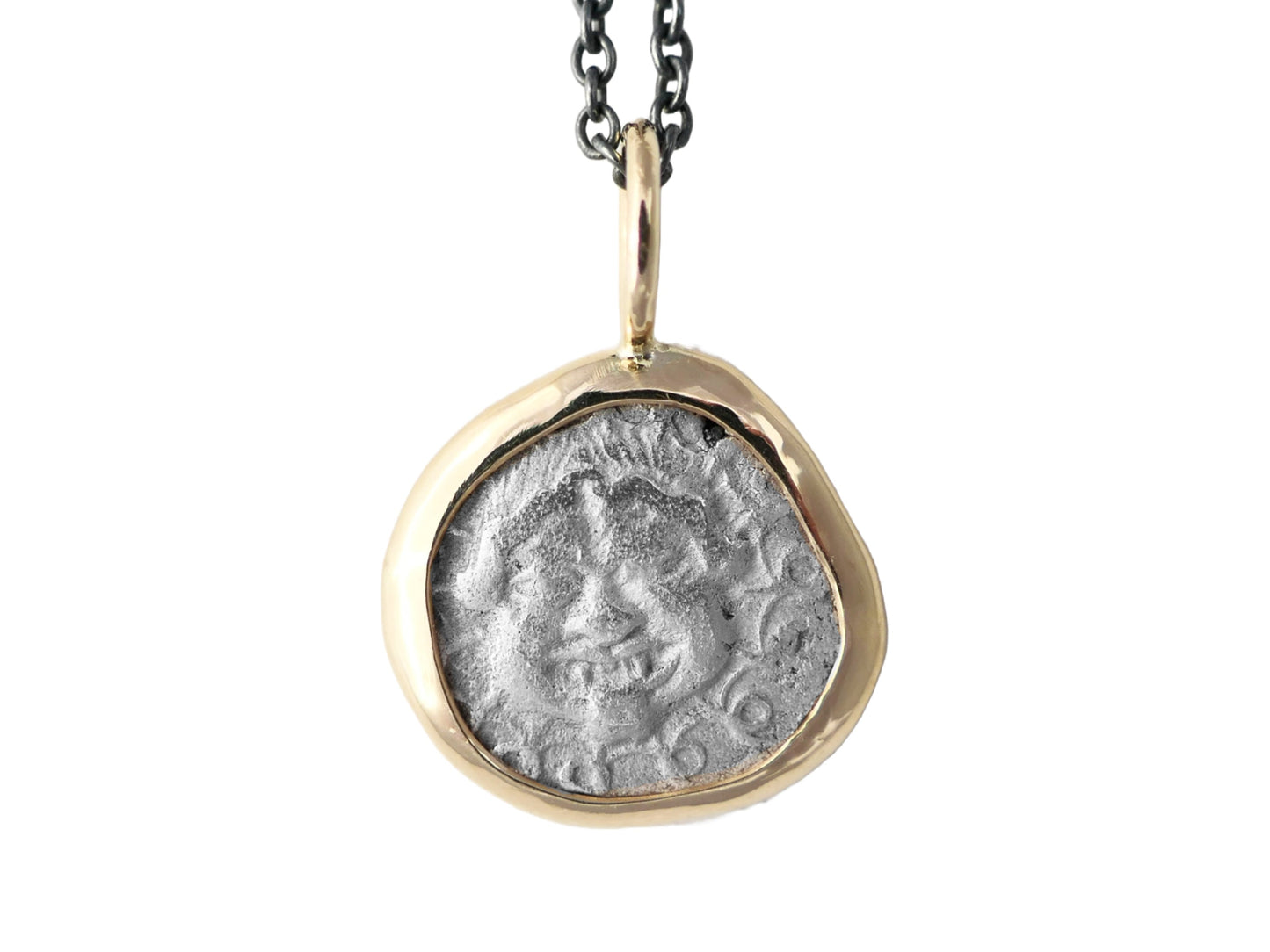 14k gold pendant necklace with authentic ancient Medusa coin from Apollonia Pontica on black sterling silver chain