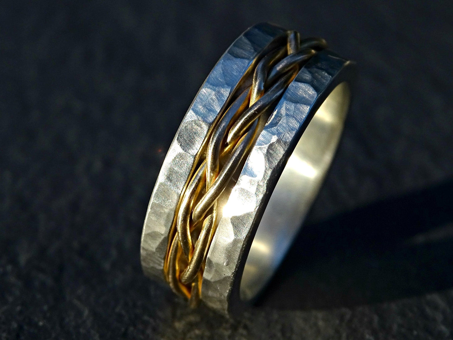 Chunky braided wedding band with 14k yellow gold inlay and hammered sterling silver sides, 8mm wide, hand forged.