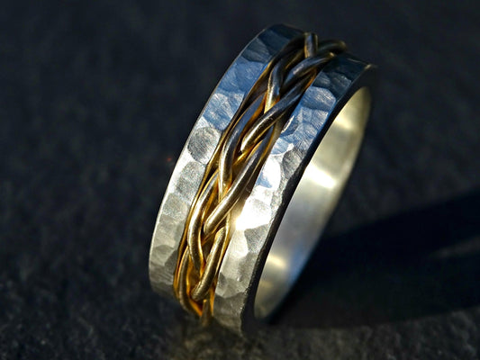 Chunky braided wedding band with 14k yellow gold inlay and hammered sterling silver sides, 8mm wide, hand forged.