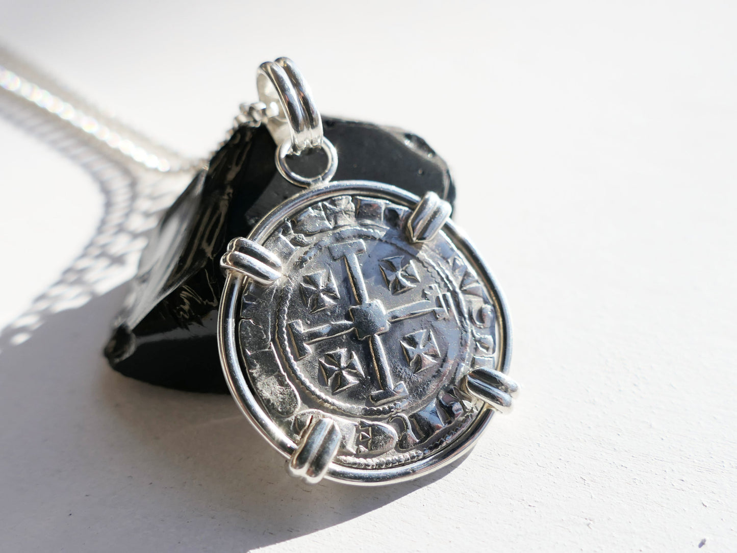 Large silver Crusader coin pendant from Lusignan Kingdom of Cyprus featuring Jerusalem cross in sterling silver setting