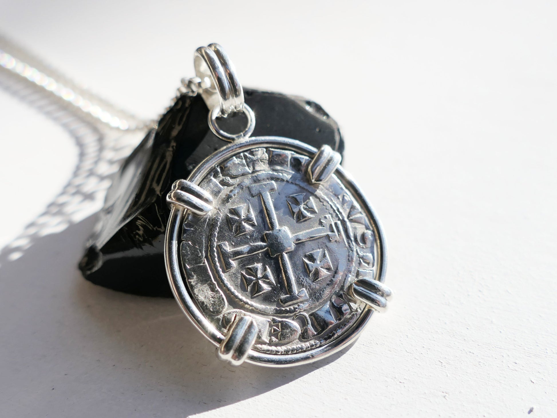 Large silver Crusader coin pendant from Lusignan Kingdom of Cyprus featuring Jerusalem cross in sterling silver setting