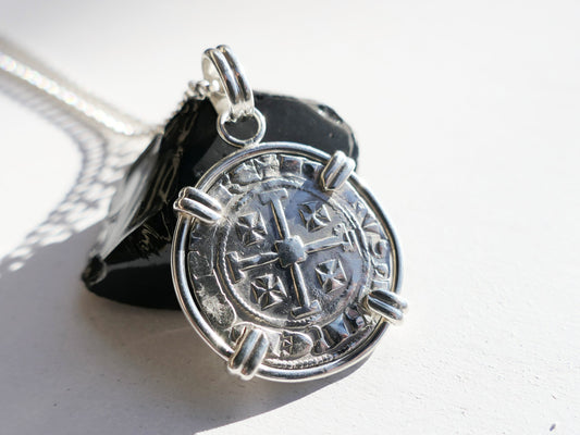 Large silver Crusader coin pendant from Lusignan Kingdom of Cyprus featuring Jerusalem cross in sterling silver setting