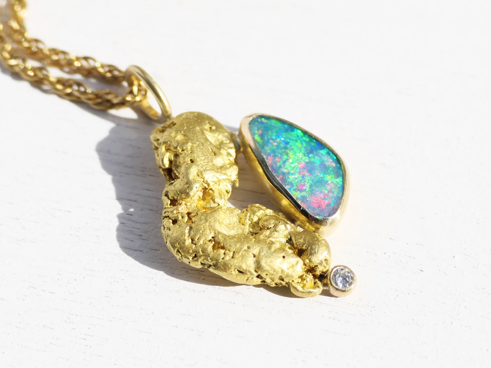 Boulder opal and gold nugget pendant necklace 18k gold