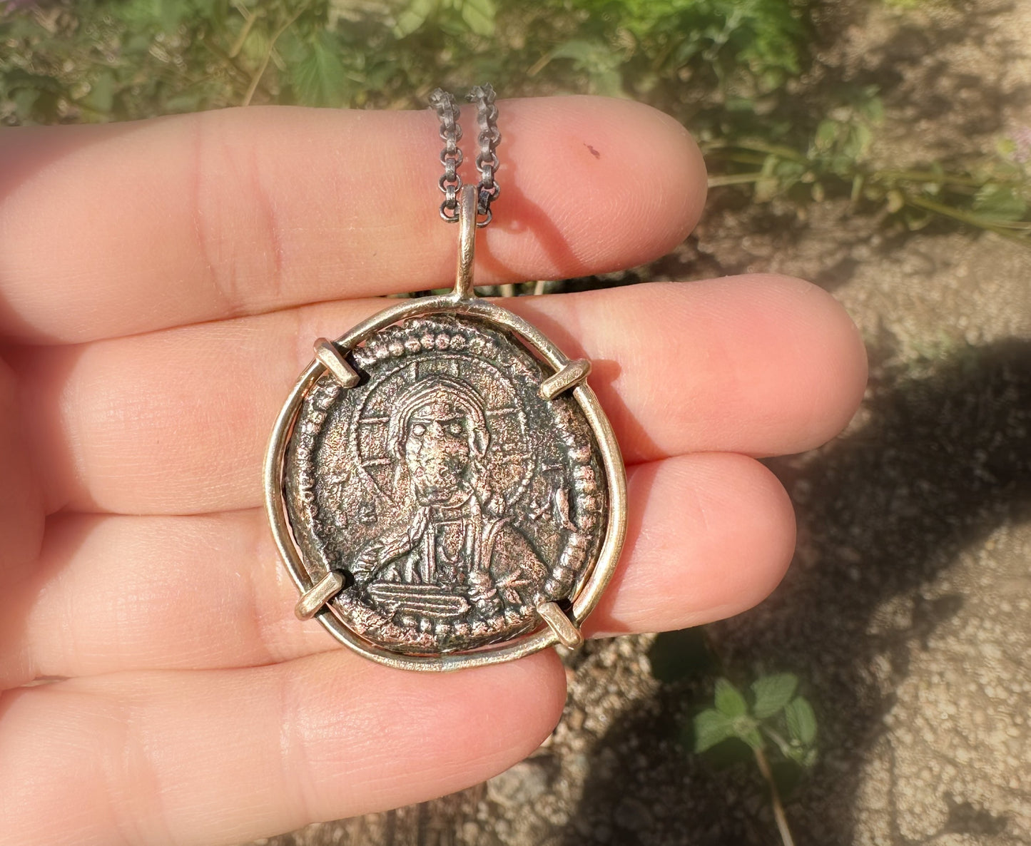 minimalist Byzantine Coin pendant set in bronze