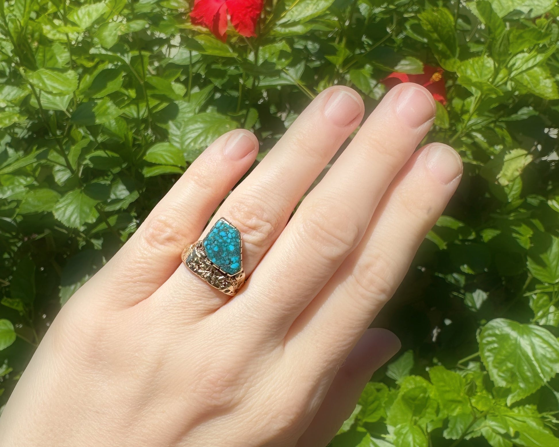 14k gold nugget ring with Morenci turquoise gemstone on textured band