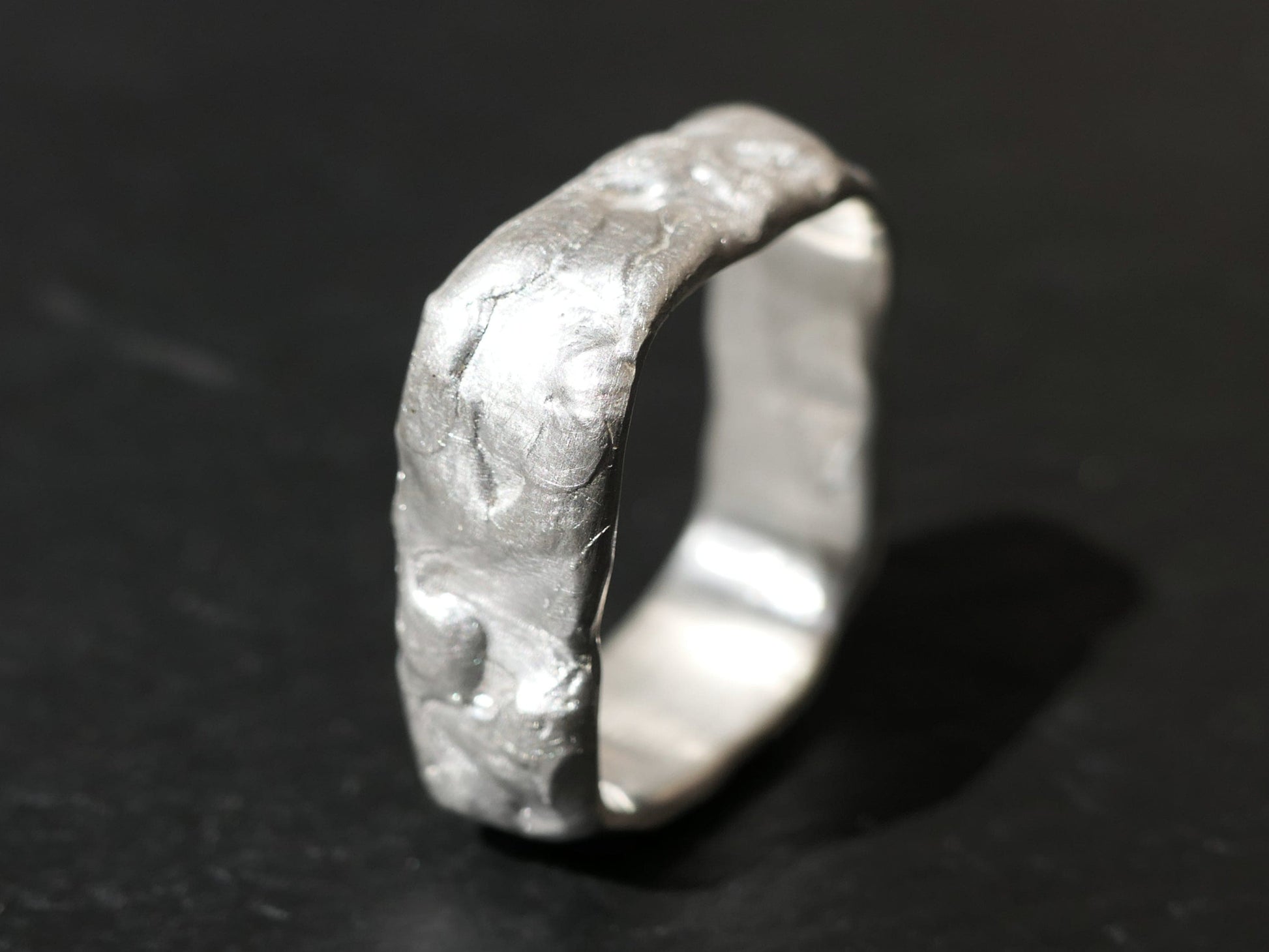 Handcrafted molten fine silver square wedding band with textured matte finish