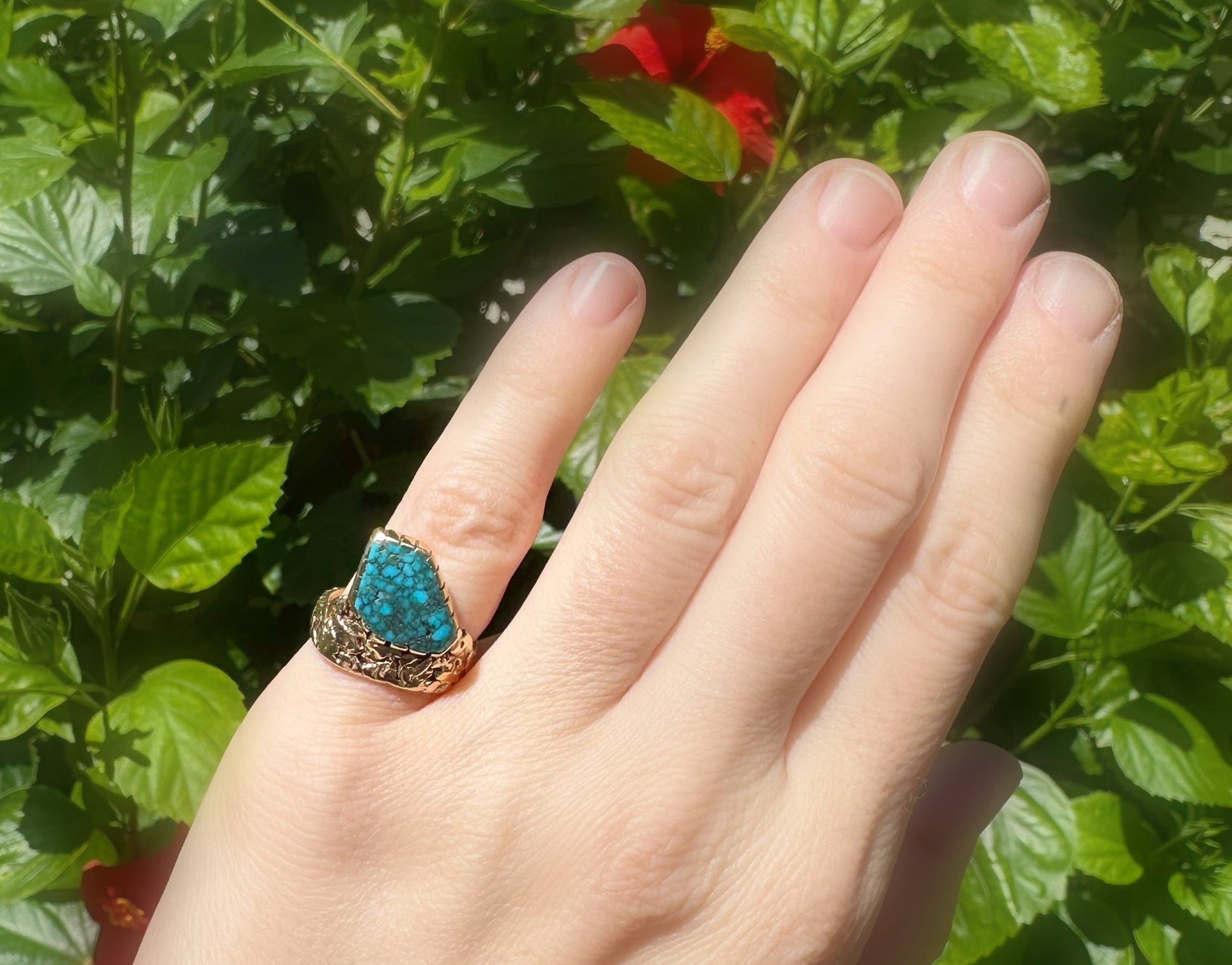 14k gold nugget ring with Morenci turquoise gemstone on textured band