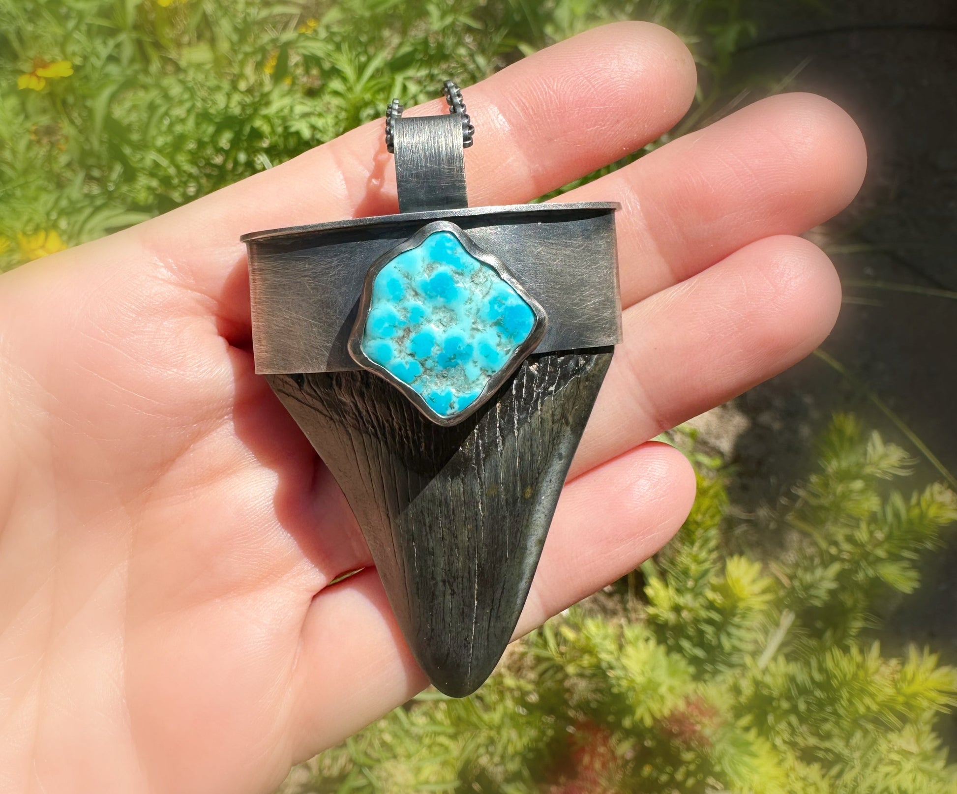 Megalodon tooth pendant with turquoise nugget