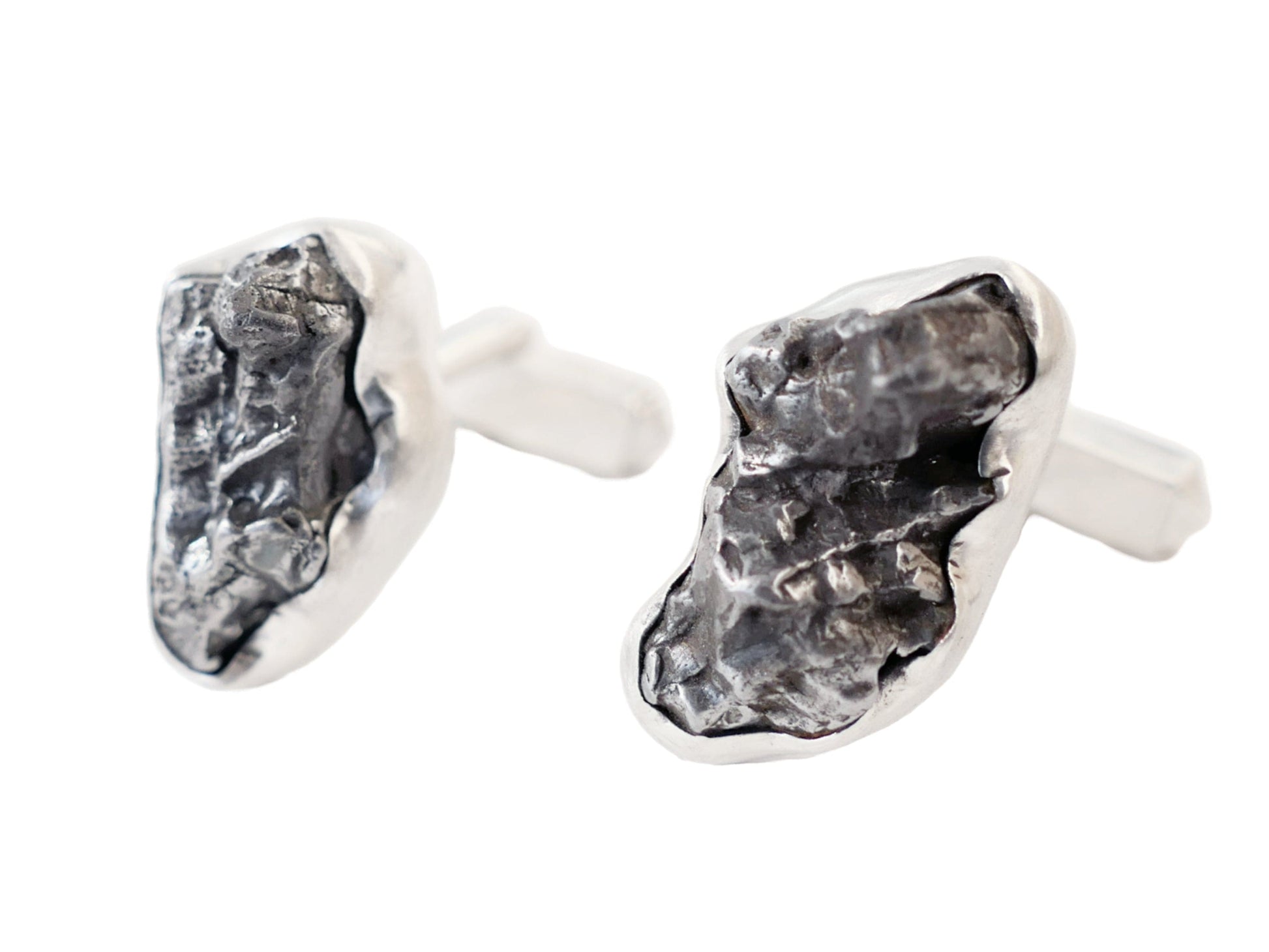 Handmade sterling silver cuff links with genuine iron meteorite insets from Campo del Cielo.
