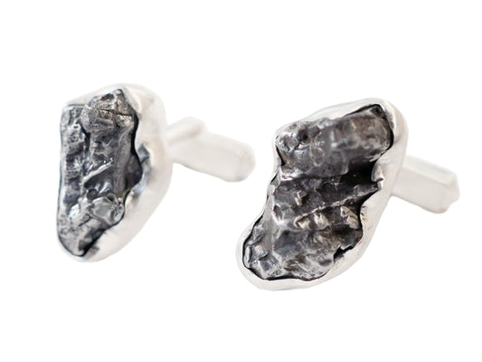 Handmade sterling silver cuff links with genuine iron meteorite insets from Campo del Cielo.