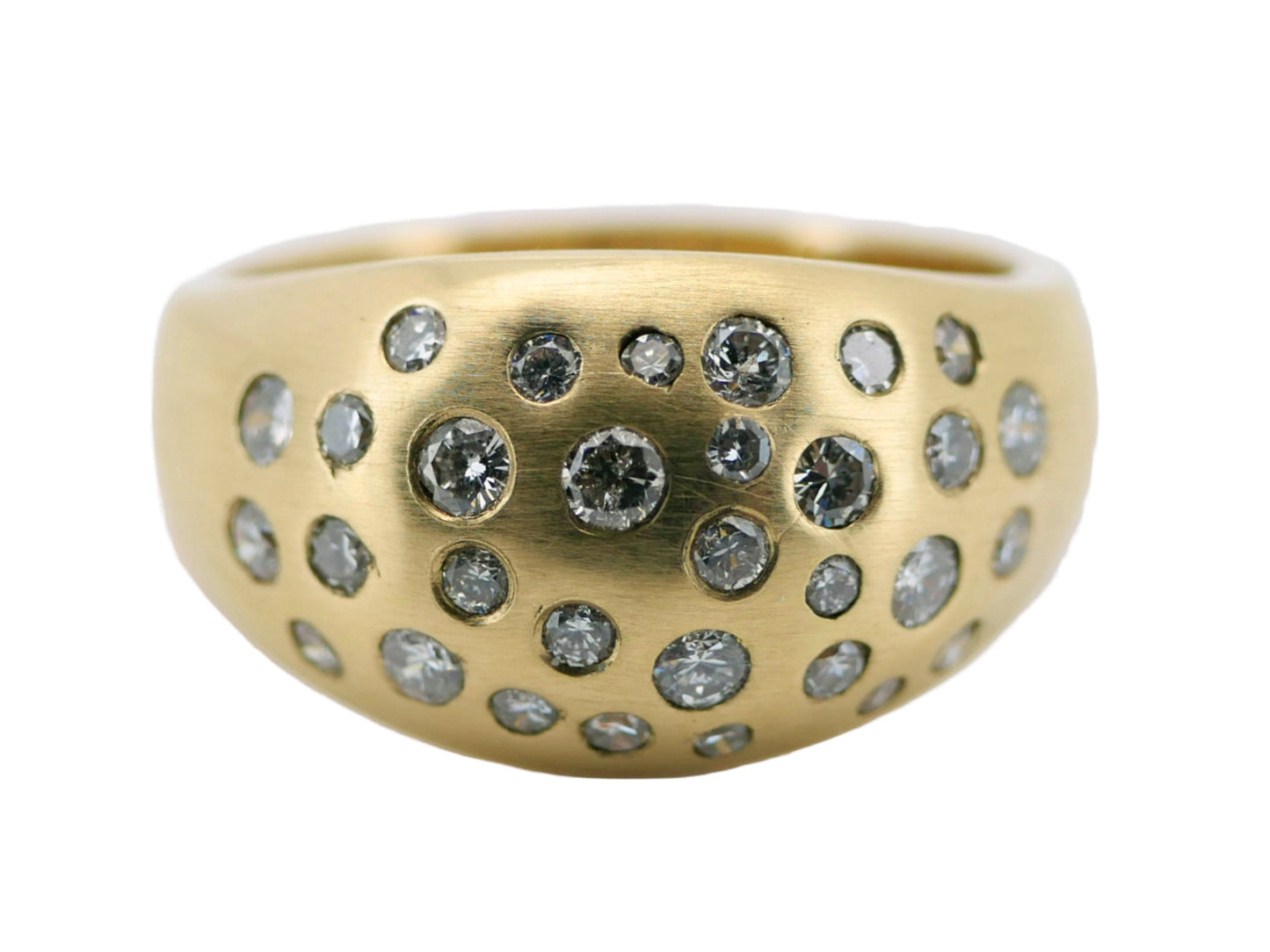 14k gold diamond cluster ring with 31 flush set genuine diamonds in various sizes, bold statement band for men and women