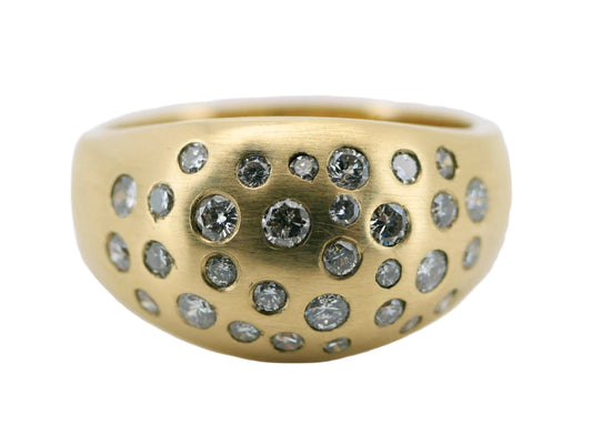 14k gold diamond cluster ring with 31 flush set genuine diamonds in various sizes, bold statement band for men and women