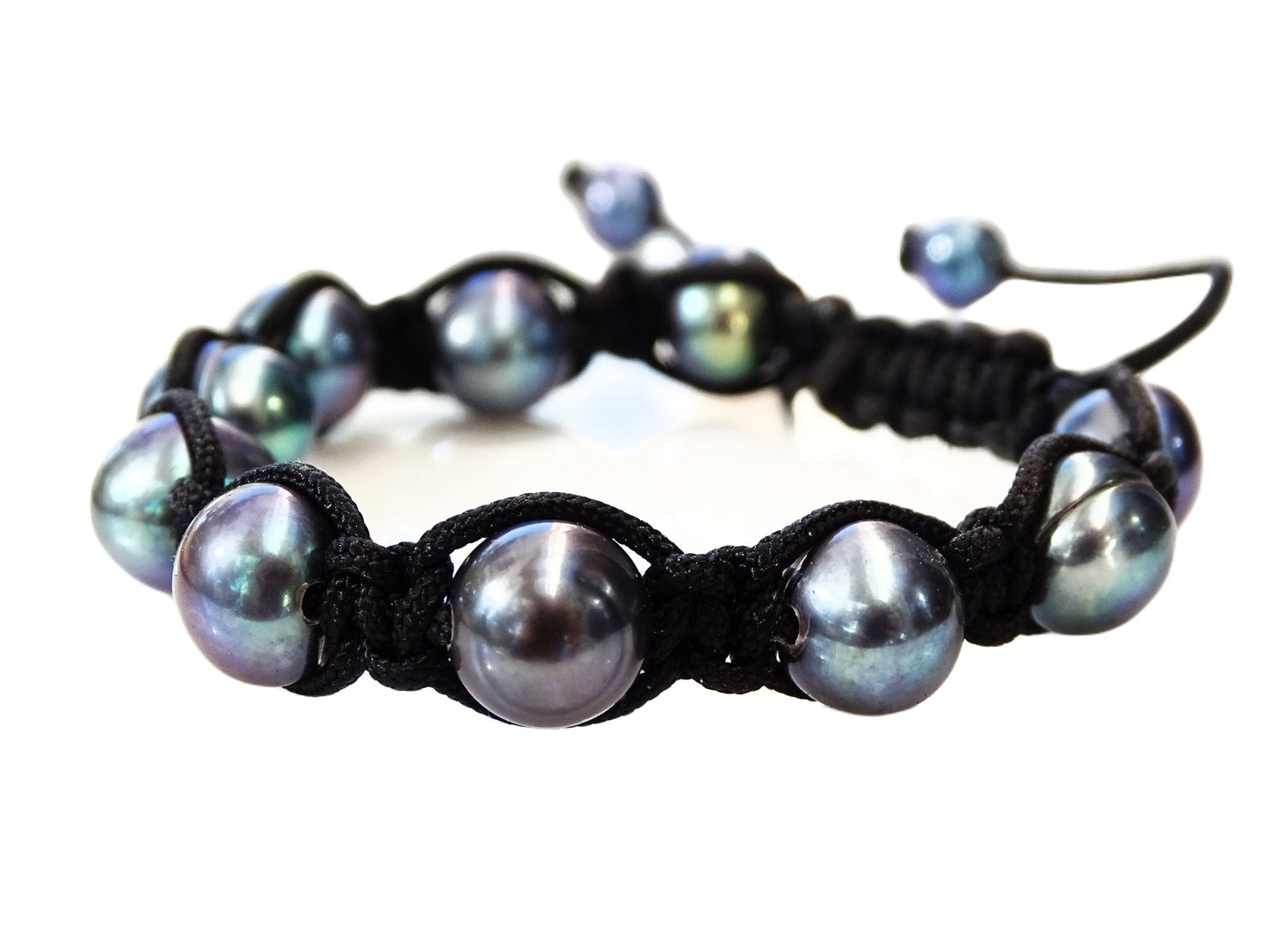 Black pearl Shamballa bracelet with genuine peacock pearls and black nylon knots, adjustable unisex design.