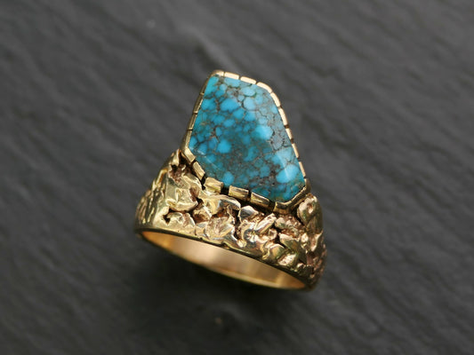 14k gold nugget ring with Morenci turquoise gemstone on textured band
