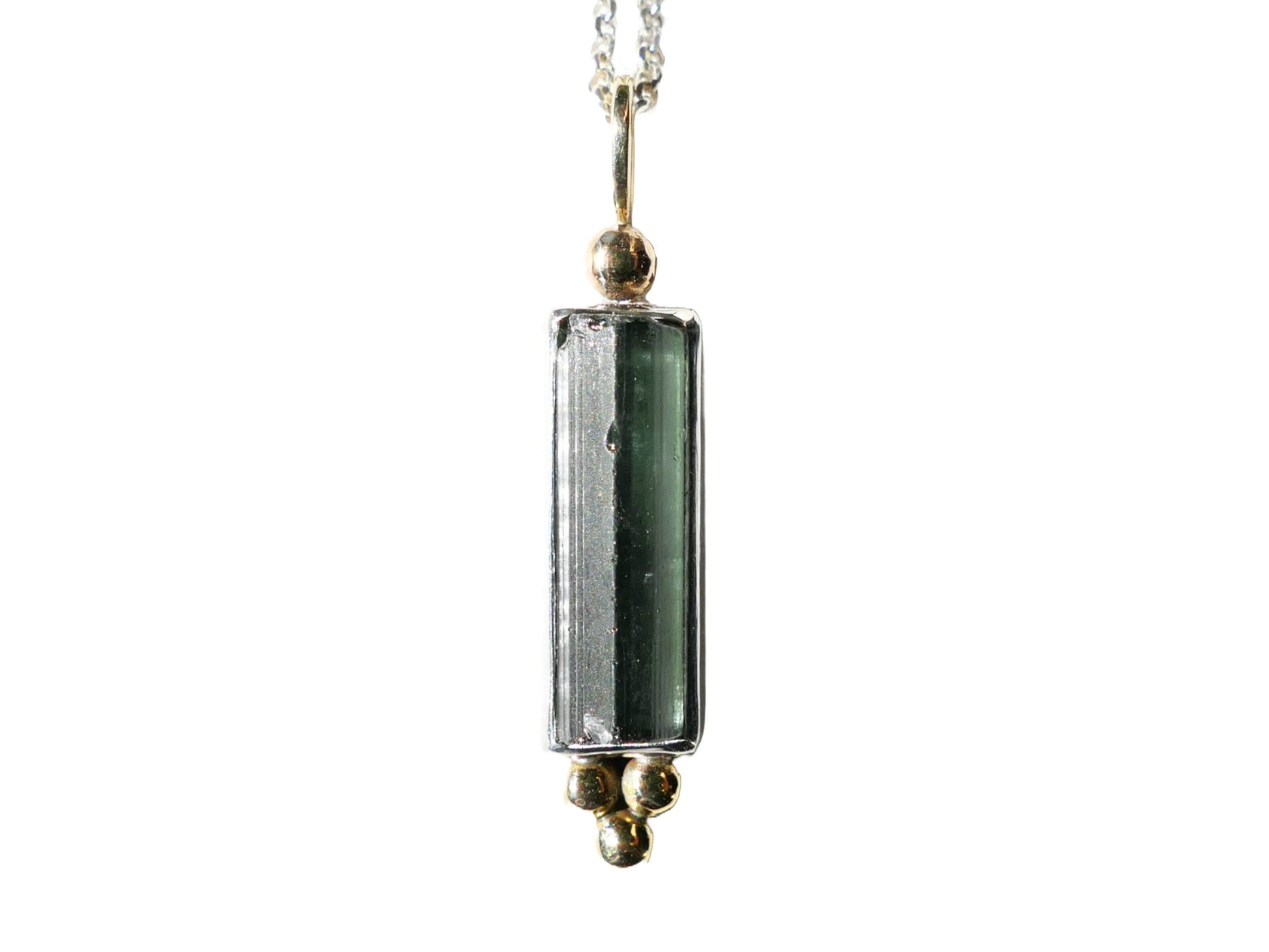 Granulated green tourmaline necklace with sterling silver and 14k gold accents.