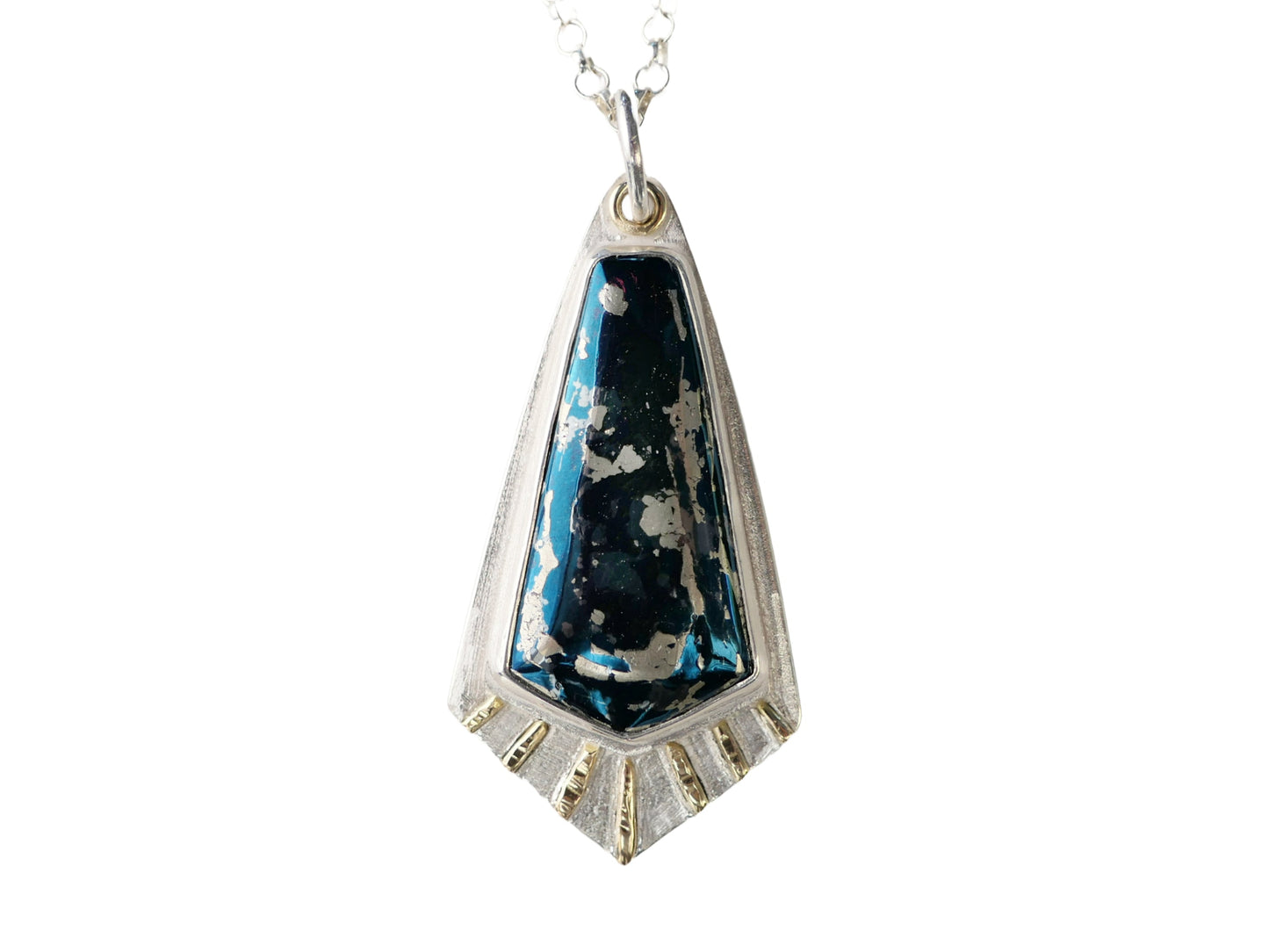 Sterling silver and 14k gold covellite necklace with midnight blue Montana gemstone pendant