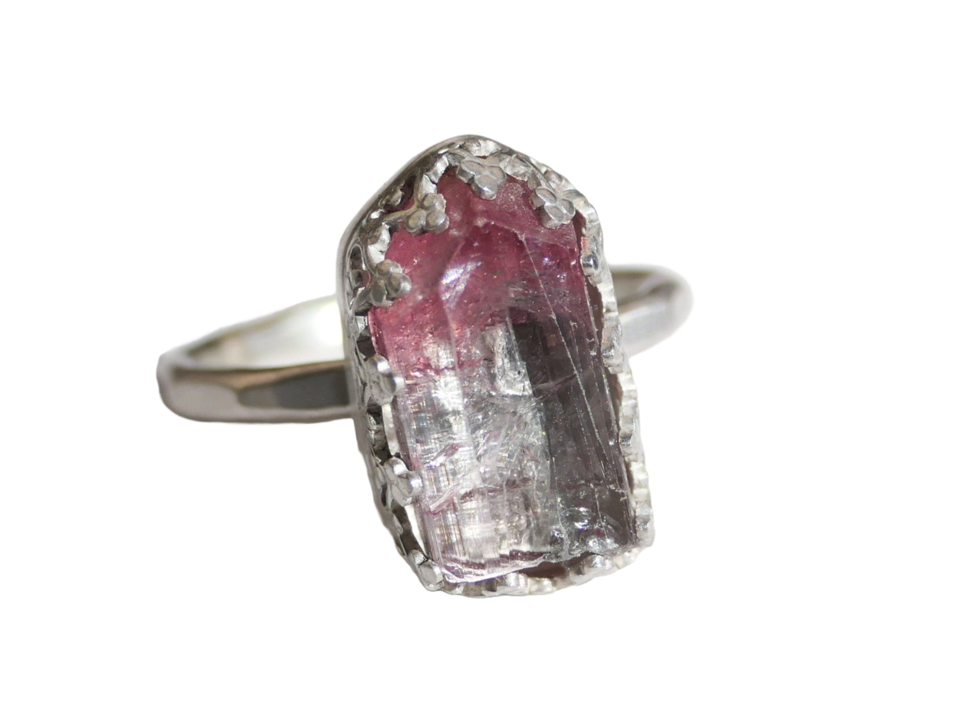 Handcrafted silver ring with uncut pink and clear tourmaline crystal, sterling silver band, size US 6 1/4.