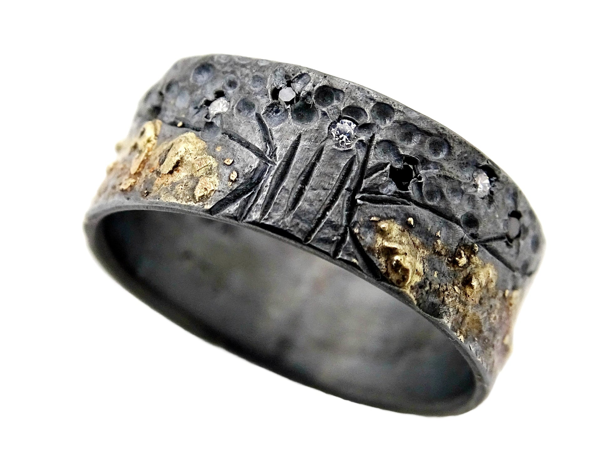 Men's tree of life ring with 14k gold, dark sterling silver, and alternating black and white diamonds.