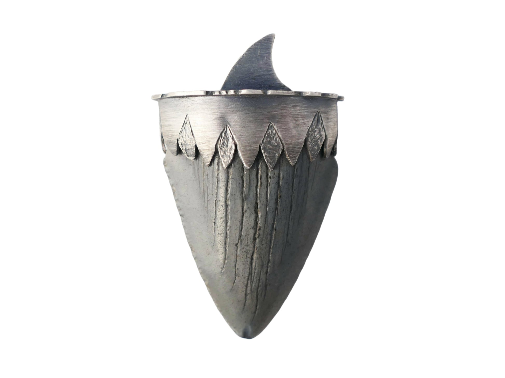 Hand engraved Megalodon tooth pendant set in sterling silver with shark fin bail and bitten frame detailing