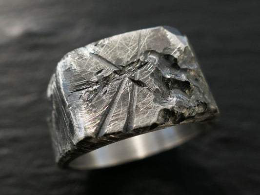 Rugged silver signet ring with a worn, textured rectangular plate made from solid sterling silver.