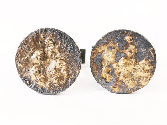 Round molten gold cuff links with dark oxidized sterling silver base, unique textured design