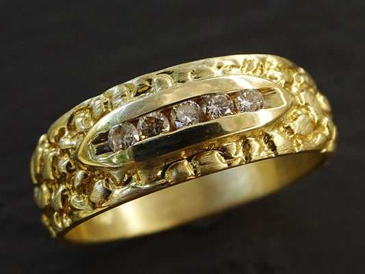 14k yellow gold men's nugget ring with five channel-set diamonds and vintage textured band