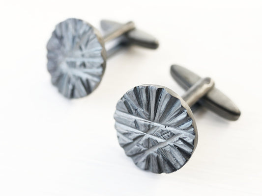 Hand forged dark oxidized carved sterling silver cuff links with unique textured design