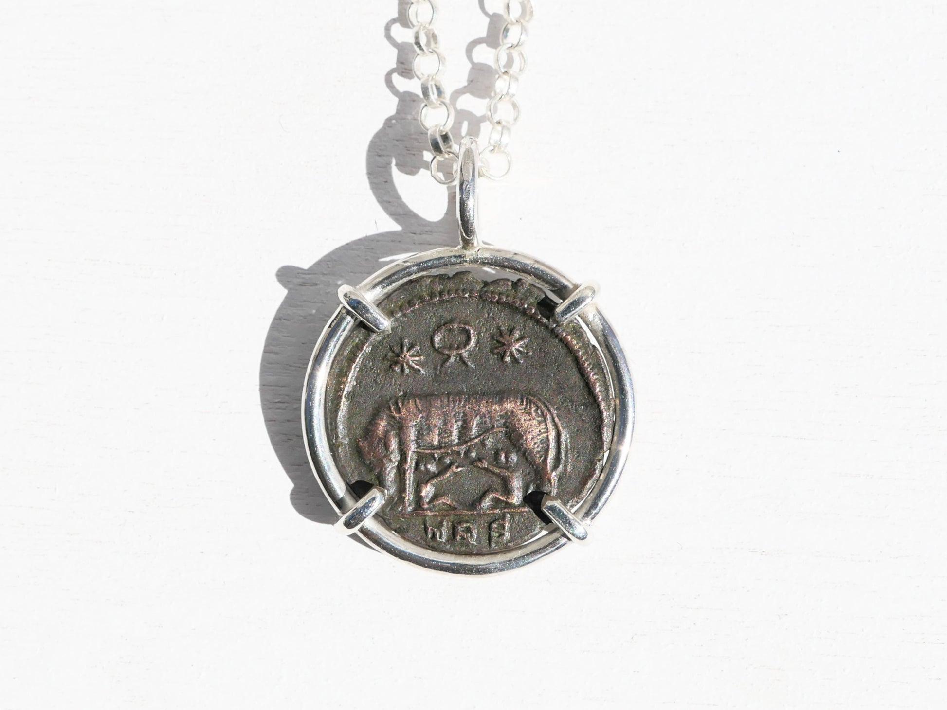 authentic Urbs Roma coin she-wolf necklace in sterling silver displaying ancient Roman Empire design