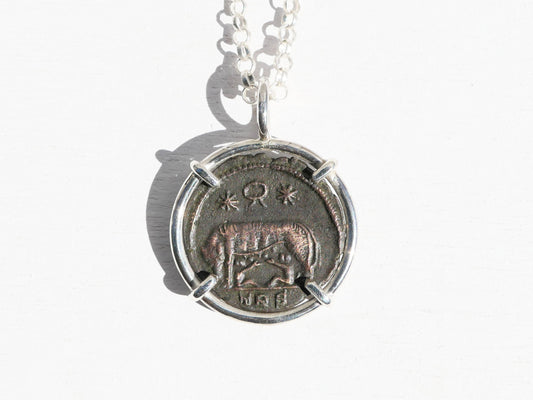 authentic Urbs Roma coin she-wolf necklace in sterling silver displaying ancient Roman Empire design