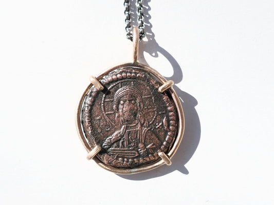 authentic medieval Byzantine coin necklace with Jesus Christ and Virgin Mary busts, bronze setting, black silver chain